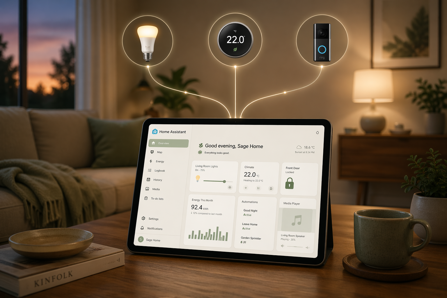 Dashboard view of Home Assistant on a tablet