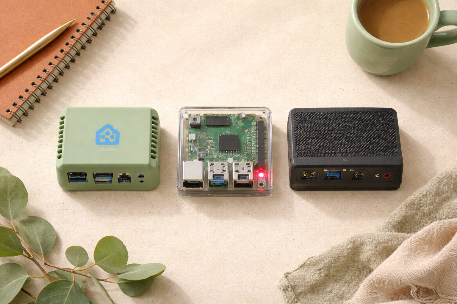 A Raspberry Pi, Home Assistant Green, and a mini PC side by side
