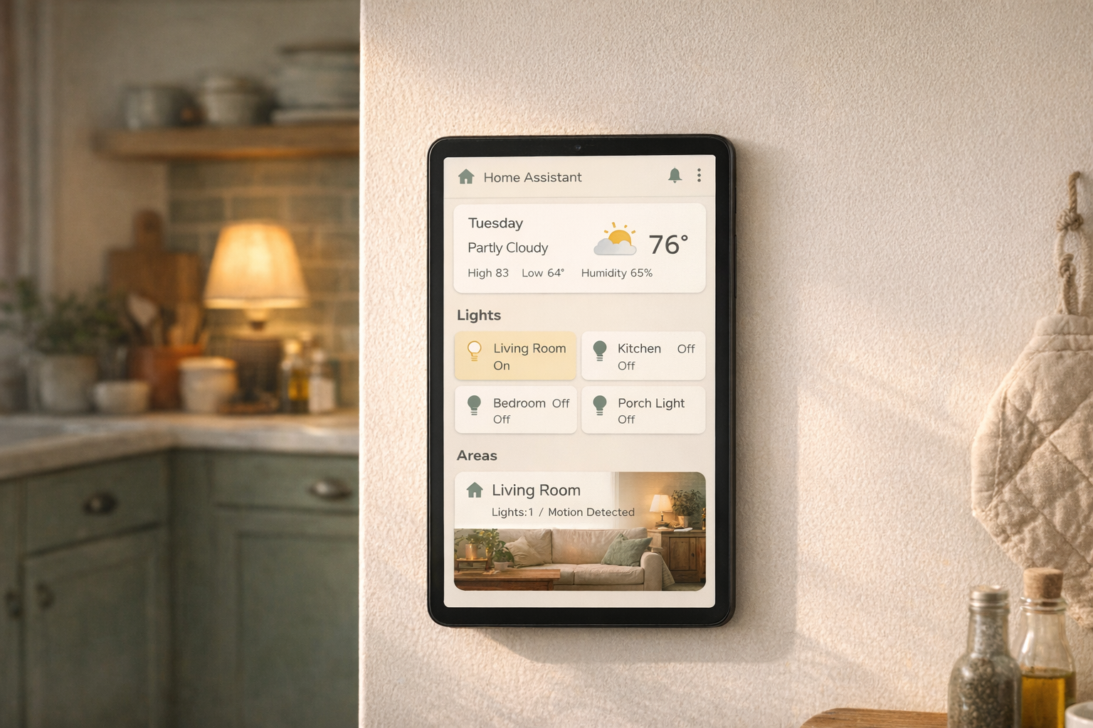 Building a Home Assistant Dashboard You'll Actually Look At A wall-mounted tablet showing a clean Home Assistant dashboard with weather, lights, and a living room area card.