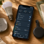 What Integrations Should You Add First? (A Beginner's Shortlist) A phone showing the Home Assistant Companion App surrounded by a Hue bulb, an Ecobee thermostat, and a Chromecast dongle on a desk.