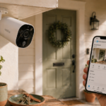 Replace Your Ring Subscription with Home Assistant (The Honest Guide) A local security camera mounted above a front porch, with a phone showing a Home Assistant dashboard camera feed in the foreground.