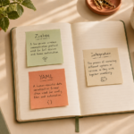 The SimplyHA Glossary Handwritten sticky notes with Home Assistant terms and definitions on an open notebook.