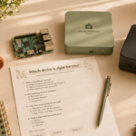 Hardware Quiz A Raspberry Pi, Home Assistant Green, and mini PC arranged with a quiz sheet and pen.