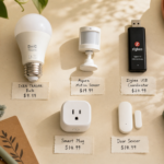 Best Zigbee Devices for Beginners (2026 Edition) The best Zigbee devices for beginners arranged on a cream desk: TRÅDFRI bulb, Aqara motion sensor, USB coordinator, smart plug, and door sensor.